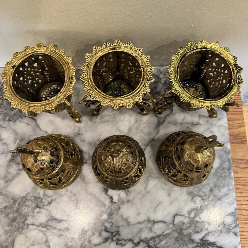 Set 3 Vintage Solid Brass Greek / Orthodox Tabletop Incense  Burners ~ Thuribles